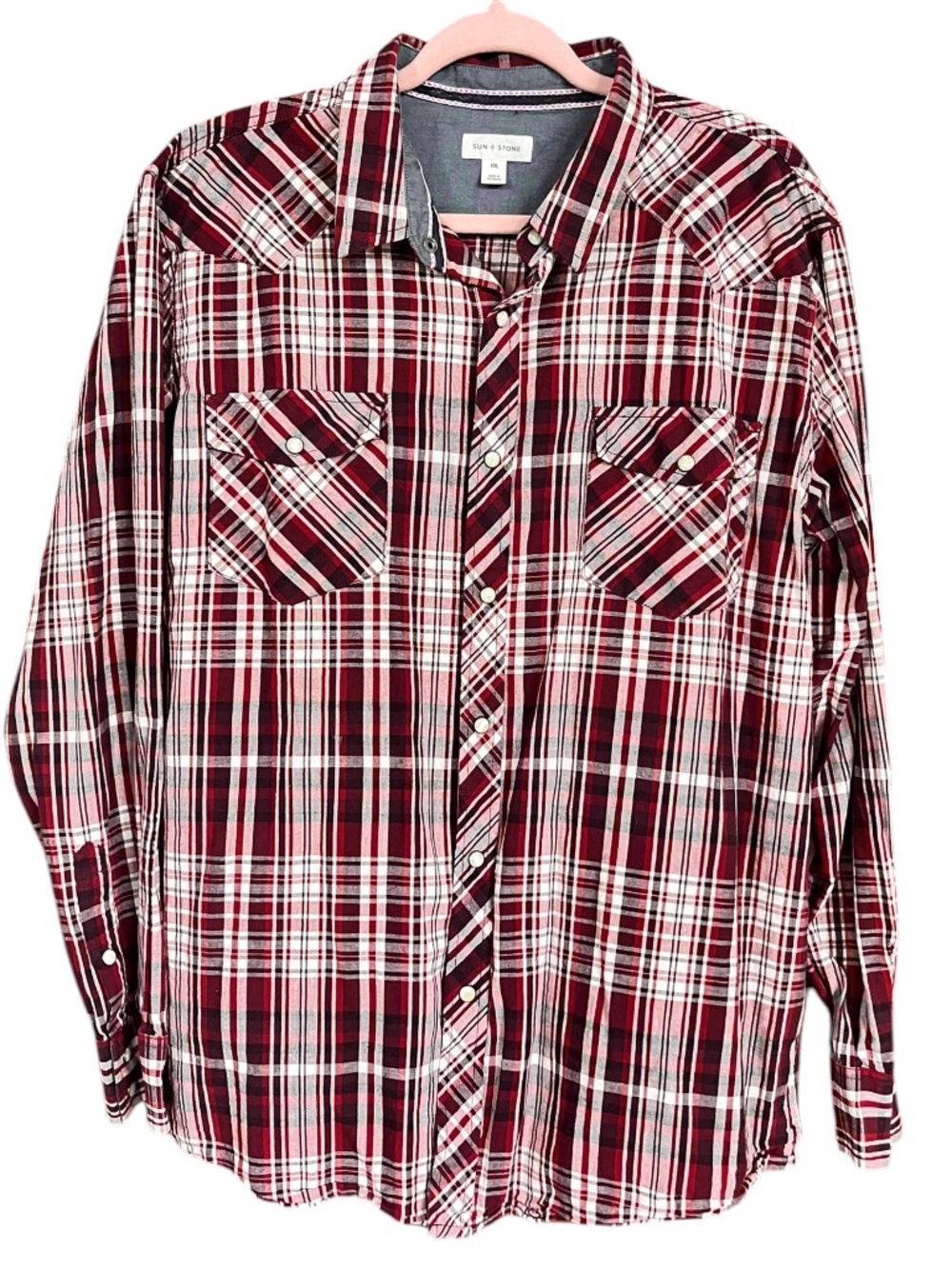 Sun + Stone Red & White Plaid Cotton Snap Front Western Long Sleeve Shirt SZ XXL